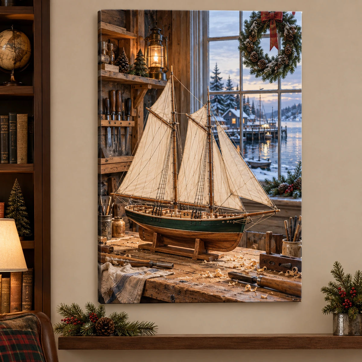 Christmas Model Ship Stretched Canvas Wall Art with layered printed depth and niche-specific Christmas background