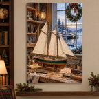 Christmas Model Ship Stretched Canvas Wall Art with layered printed depth and niche-specific Christmas background