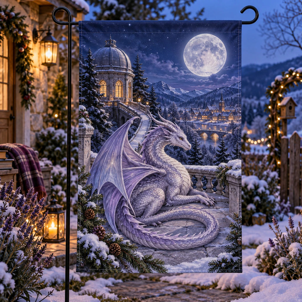 Christmas Moon Dragon Garden Flag with layered printed depth and niche-specific Christmas background