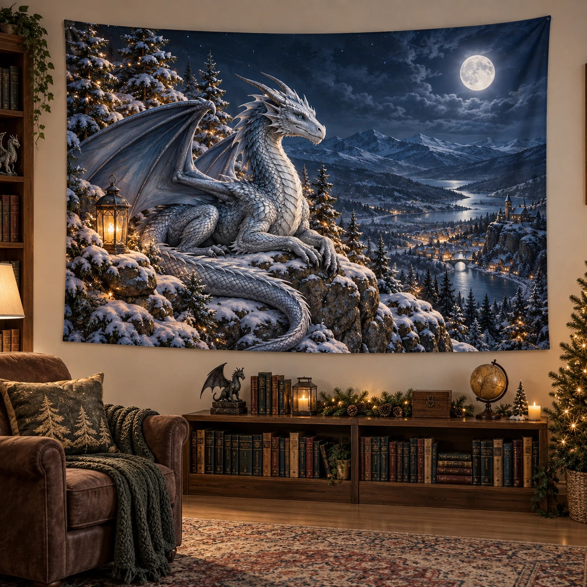 Christmas Moon Dragon Wall Tapestry with layered printed depth and niche-specific Christmas background