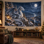 Christmas Moon Dragon Wall Tapestry with layered printed depth and niche-specific Christmas background