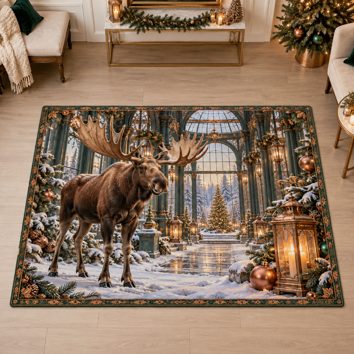 Christmas Moose Copper Winter Atrium Area Rug flat printed mat in a matching Christmas room