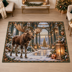 Christmas Moose Copper Winter Atrium Area Rug flat printed mat in a matching Christmas room
