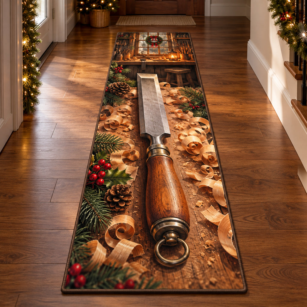 Christmas Mortise Chisel Workshop Gift Runner Rug flat printed mat in matching Christmas setting