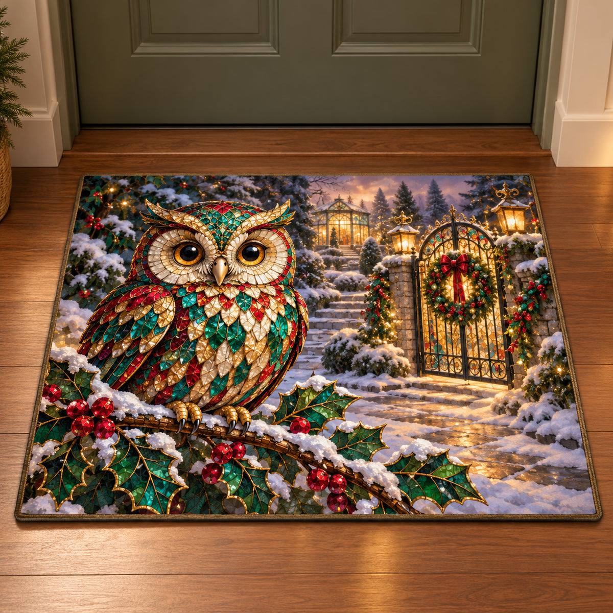 Christmas Mosaic Owl Welcome Doormat flat printed mat in matching Christmas setting