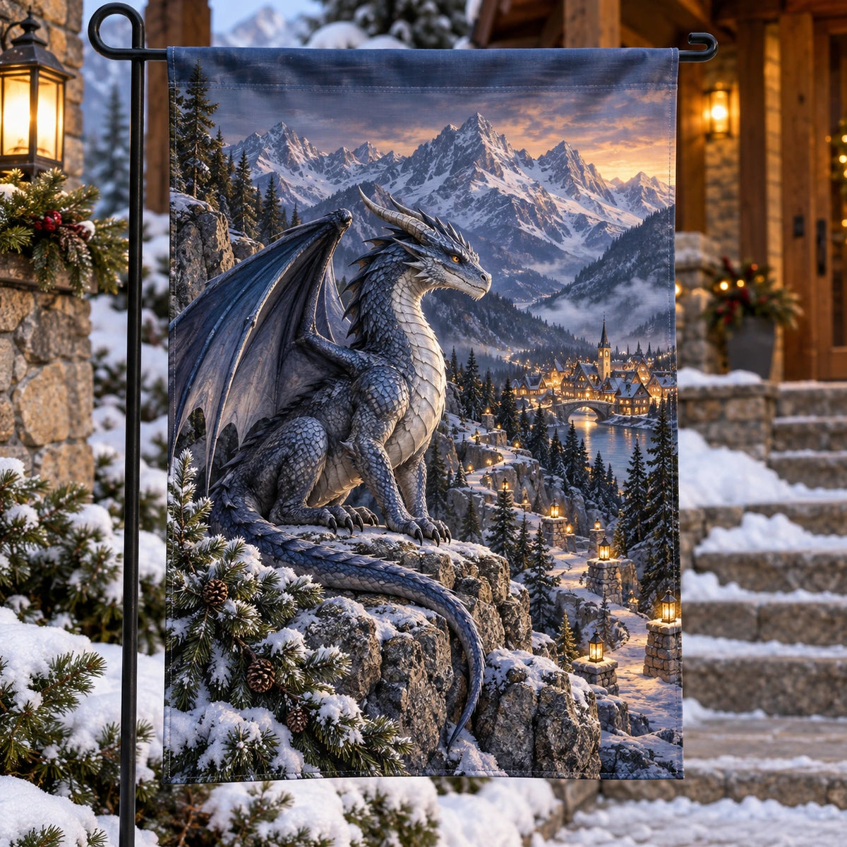 Christmas Mountain Dragon Garden Flag with layered printed depth and niche-specific Christmas background