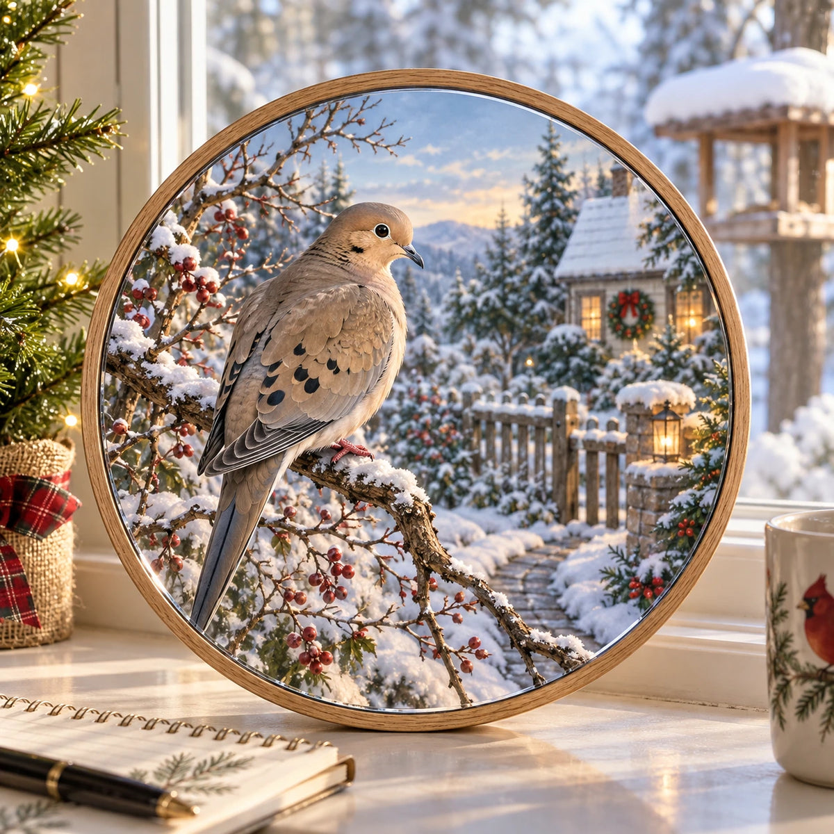 Christmas Mourning Dove Wood and Acrylic Suncatcher with layered printed depth and niche-specific Christmas background
