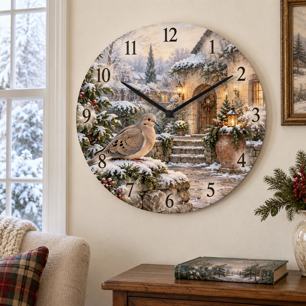 Christmas Mourning Dove Wooden Wall Clock with layered printed depth and niche-specific Christmas background