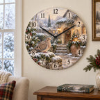 Christmas Mourning Dove Wooden Wall Clock with layered printed depth and niche-specific Christmas background