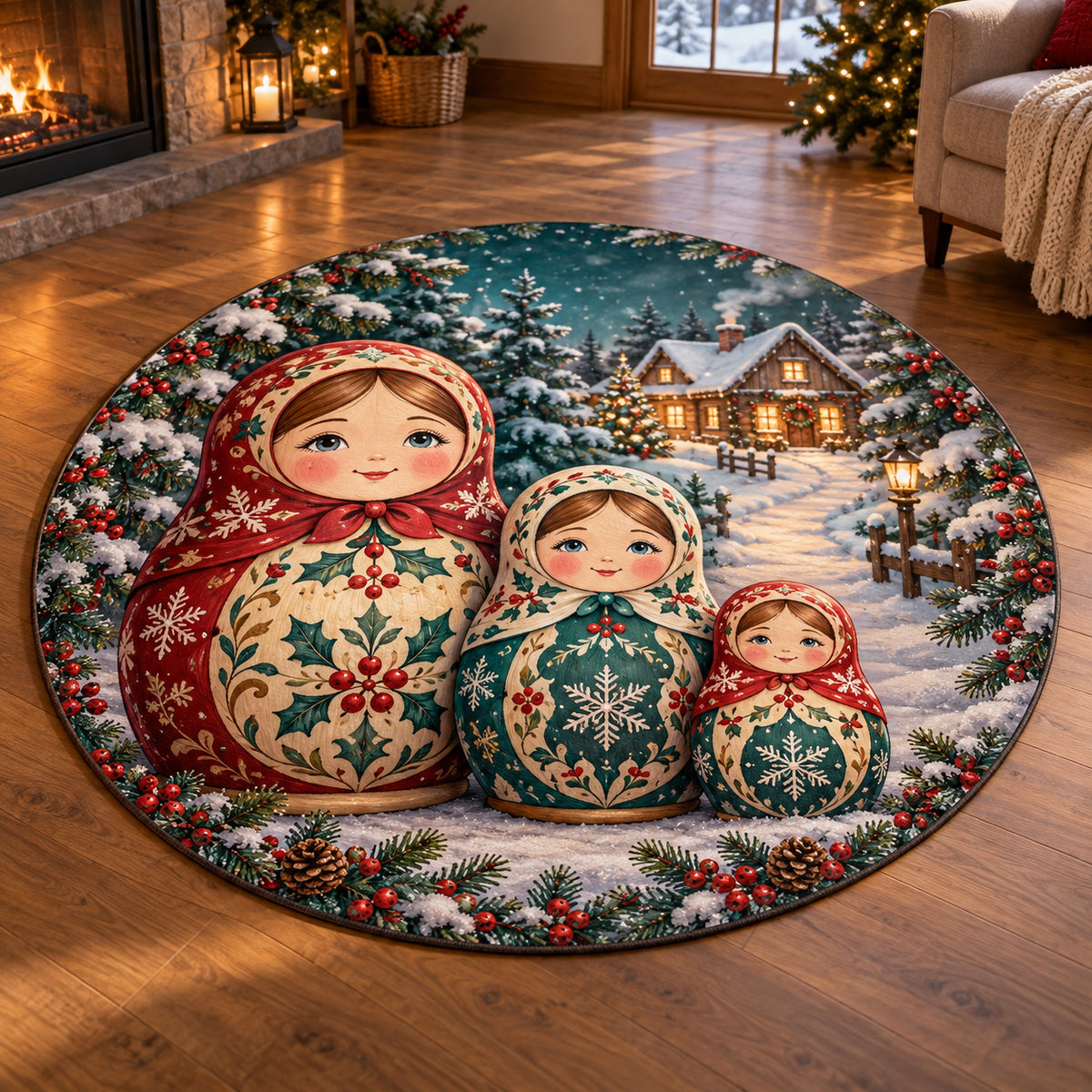 Christmas Nesting Doll Family Care Round Mat Rug flat printed mat in matching Christmas setting