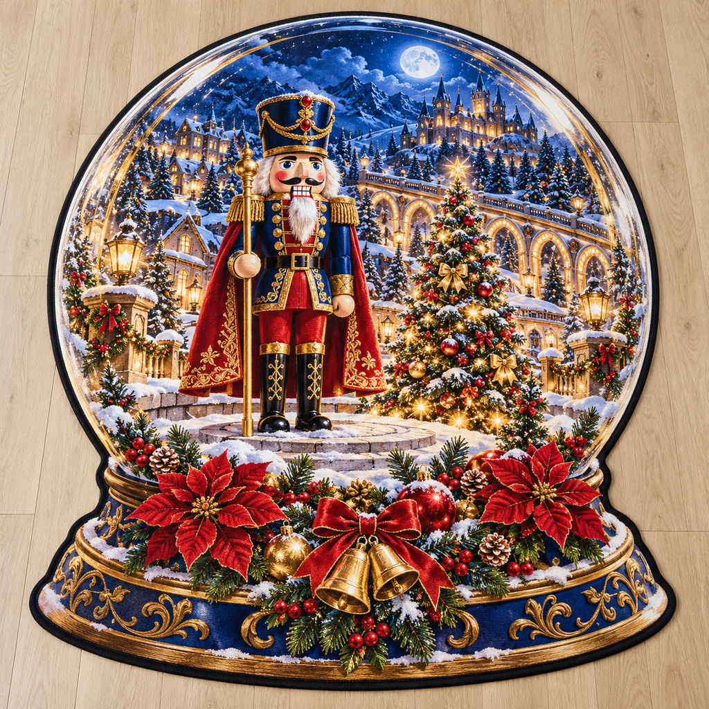 Blue and gold nutcracker toy, Christmas tree and snowy arches inside a printed snow-globe design on a flat custom-shape area rug