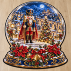 Blue and gold nutcracker toy, Christmas tree and snowy arches inside a printed snow-globe design on a flat custom-shape area rug