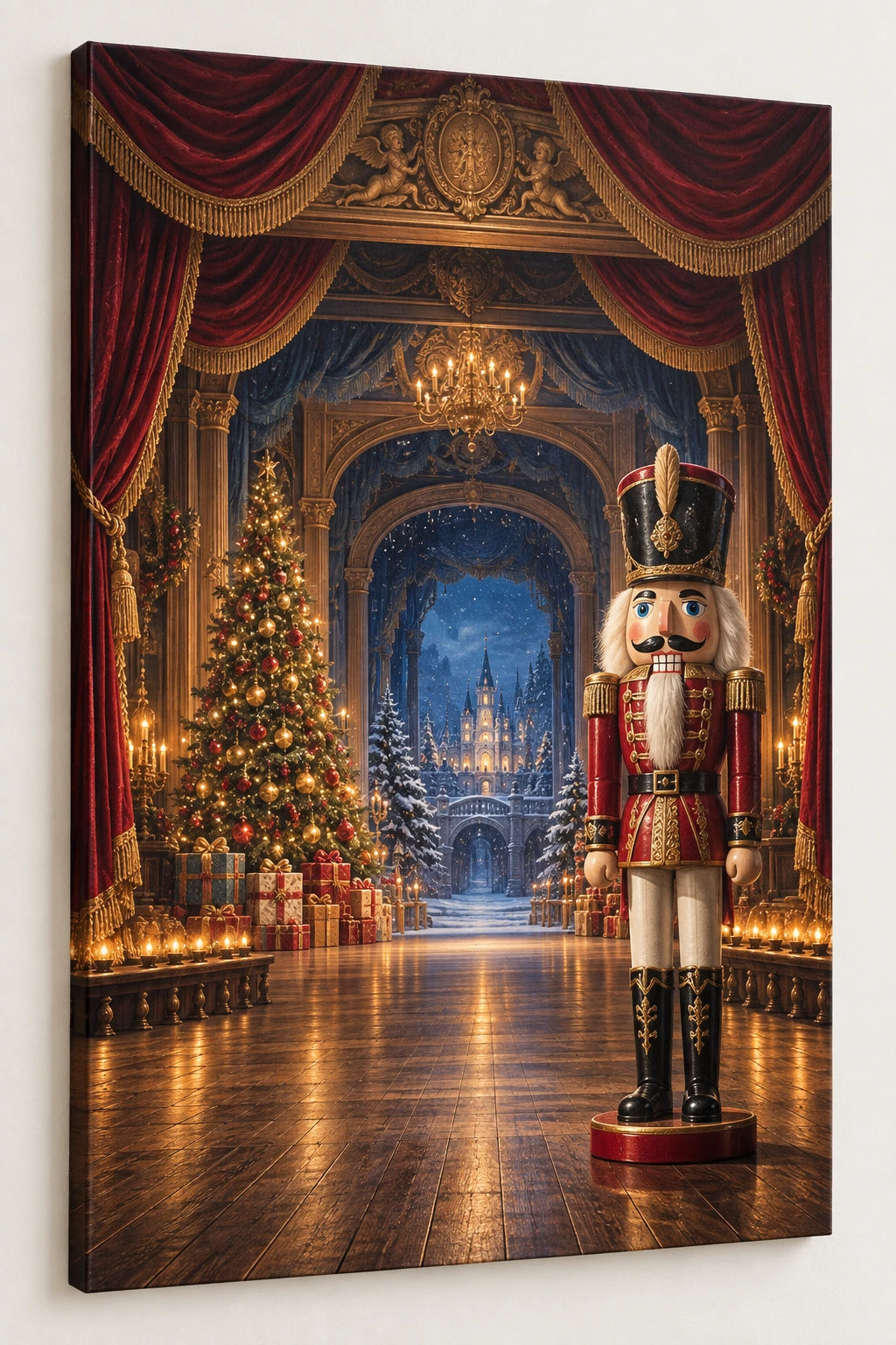 Christmas Nutcracker Stretched Canvas Wall Art with layered foreground and niche-specific Christmas background