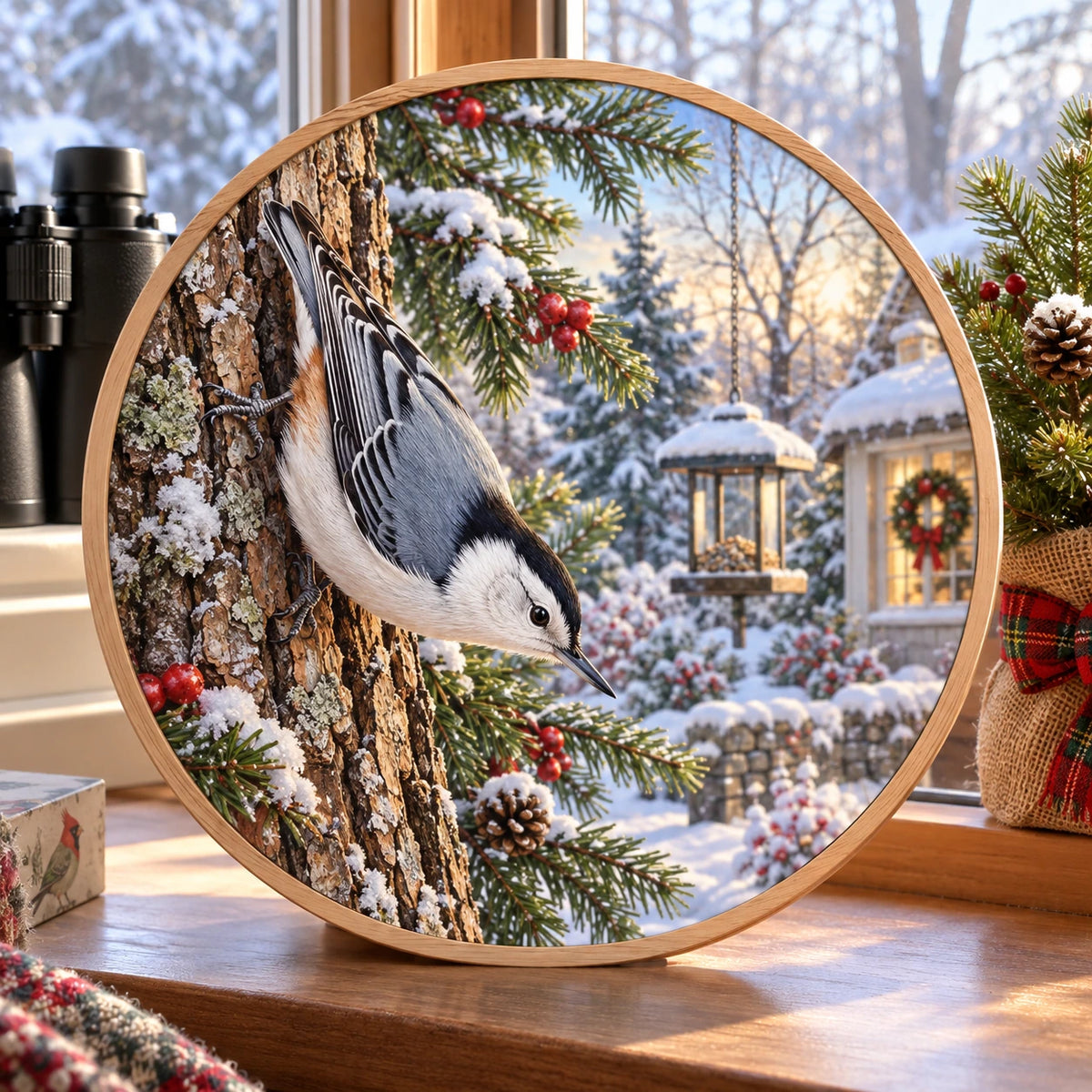 Christmas Nuthatch Wood and Acrylic Suncatcher with layered printed depth and niche-specific Christmas background