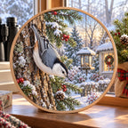 Christmas Nuthatch Wood and Acrylic Suncatcher with layered printed depth and niche-specific Christmas background