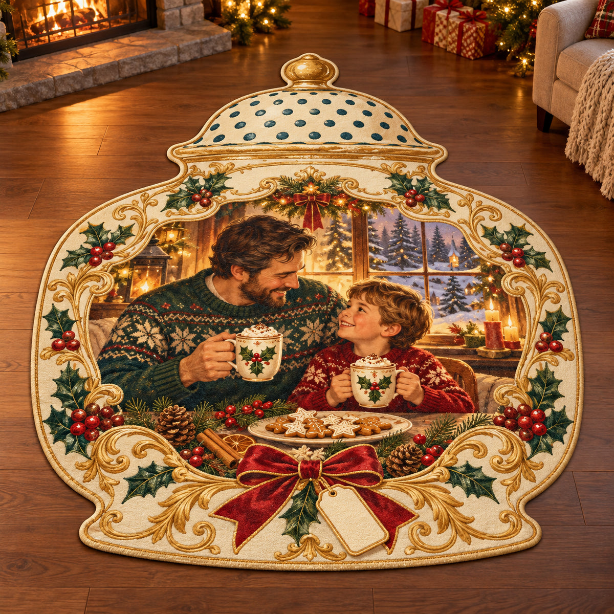 Christmas Nutmeg Caster Family Cocoa Custom Shape Area Rug flat printed mat in matching Christmas setting