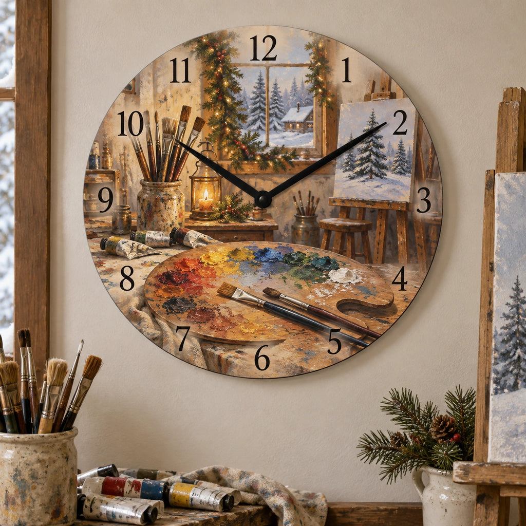 Christmas Oil Painting Studio Wooden Wall Clock with layered printed depth and niche-specific Christmas background