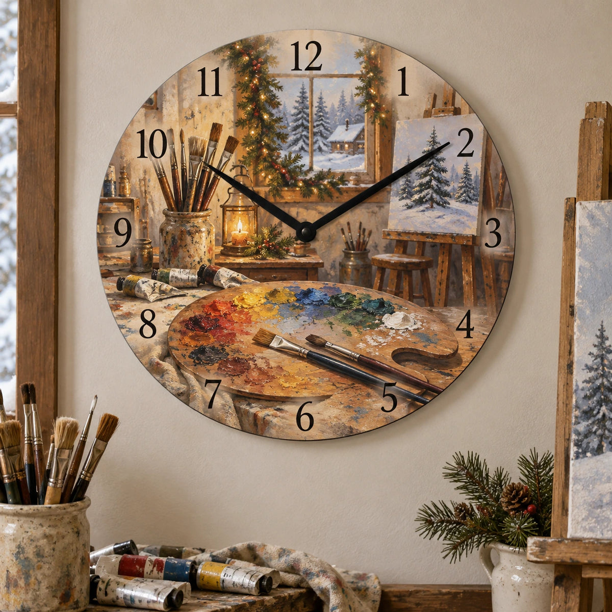 Christmas Oil Painting Studio Wooden Wall Clock with layered printed depth and niche-specific Christmas background