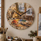 Christmas Oil Painting Studio Wooden Wall Clock with layered printed depth and niche-specific Christmas background