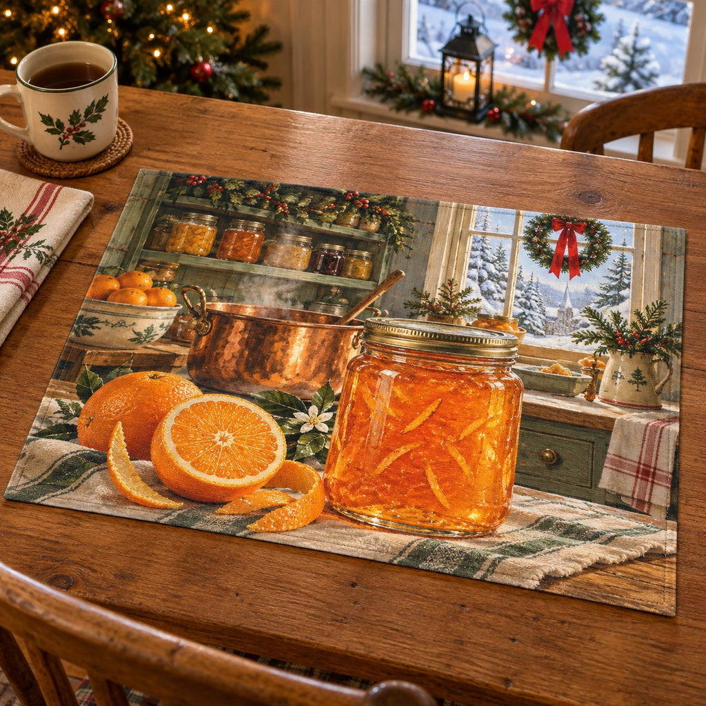 Christmas Orange Marmalade Linen Placemat with layered printed depth and niche-specific Christmas background