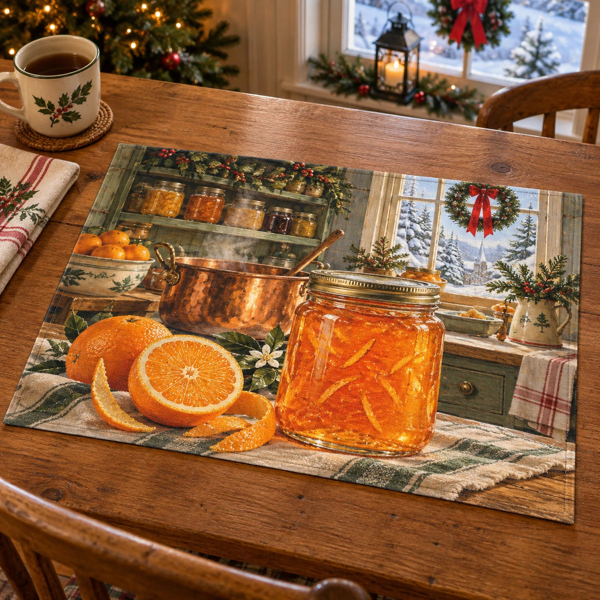 Christmas Orange Marmalade Linen Placemat with layered printed depth and niche-specific Christmas background