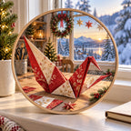 Christmas Origami Crane Wood and Acrylic Suncatcher with layered printed depth and niche-specific Christmas background