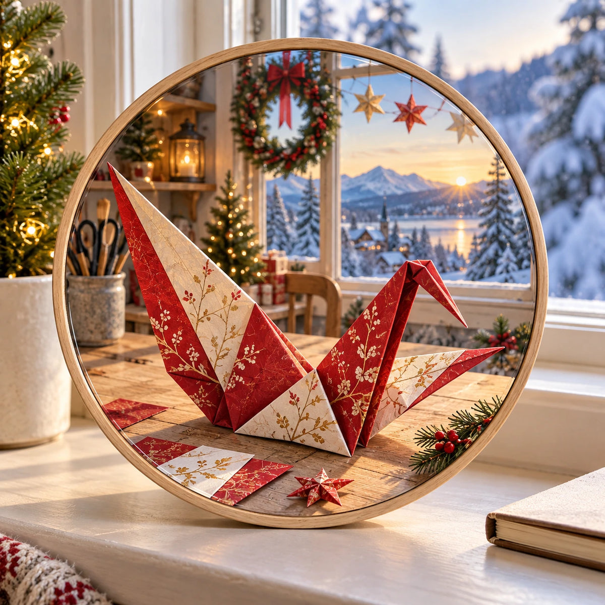 Christmas Origami Crane Wood and Acrylic Suncatcher with layered printed depth and niche-specific Christmas background