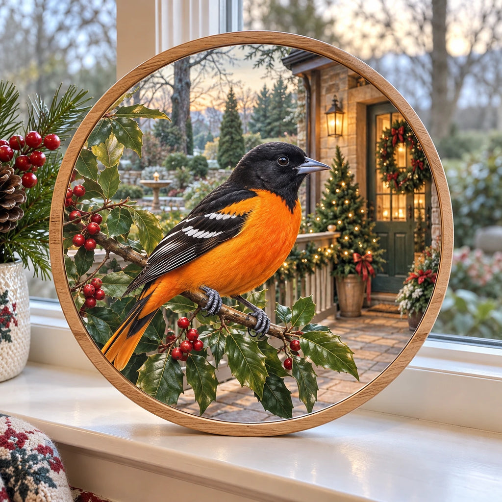 Christmas Oriole Wood and Acrylic Suncatcher with layered printed depth and niche-specific Christmas background