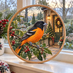 Christmas Oriole Wood and Acrylic Suncatcher with layered printed depth and niche-specific Christmas background