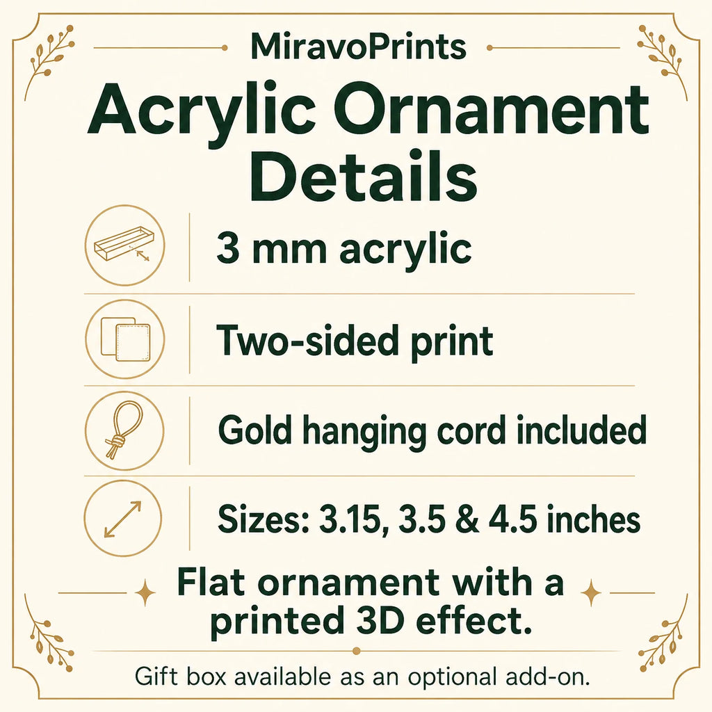 MiravoPrints christmas ornament product information, reference card 1; example artwork may differ