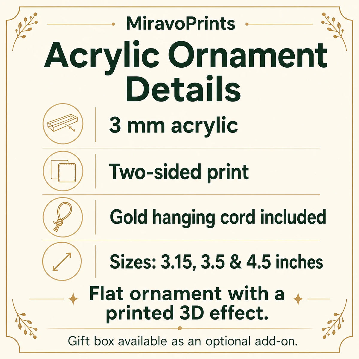 MiravoPrints christmas ornament product information, reference card 1; example artwork may differ