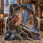Christmas Owl Guardian Fleece Throw Blanket with layered printed depth and niche-specific Christmas background