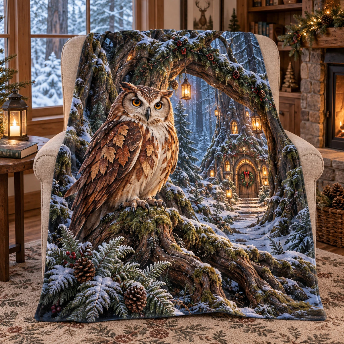 Christmas Owl Guardian Fleece Throw Blanket with layered printed depth and niche-specific Christmas background