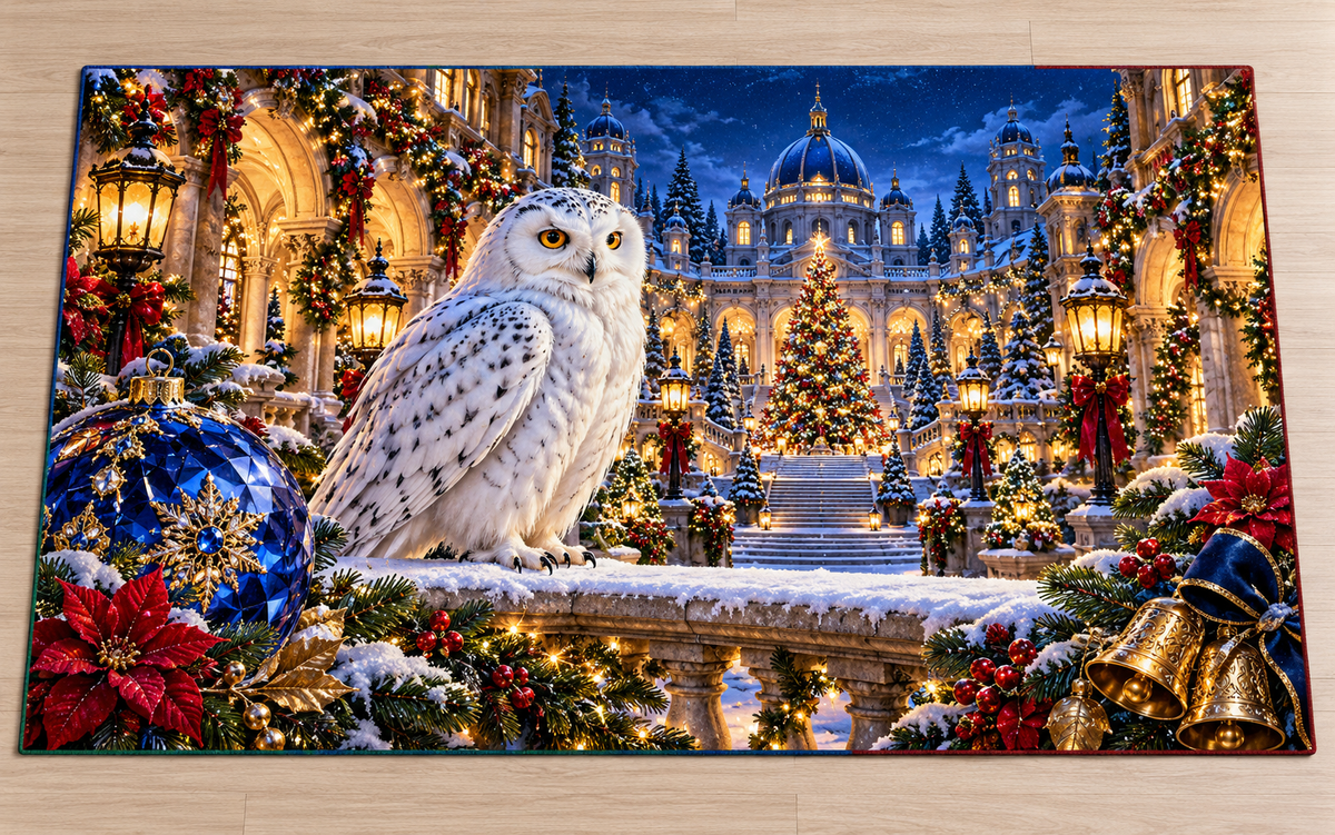 White owl, blue ornament and a glowing Christmas palace courtyard, printed optical depth on a flat area rug with coordinated perimeter colors