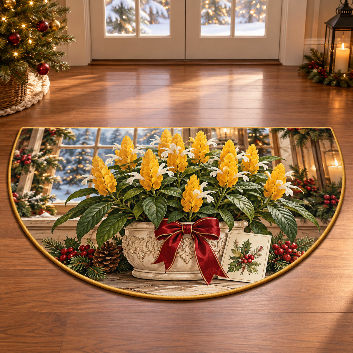 Christmas Pachystachys Golden Care Semicircle Mat flat printed mat in matching Christmas setting