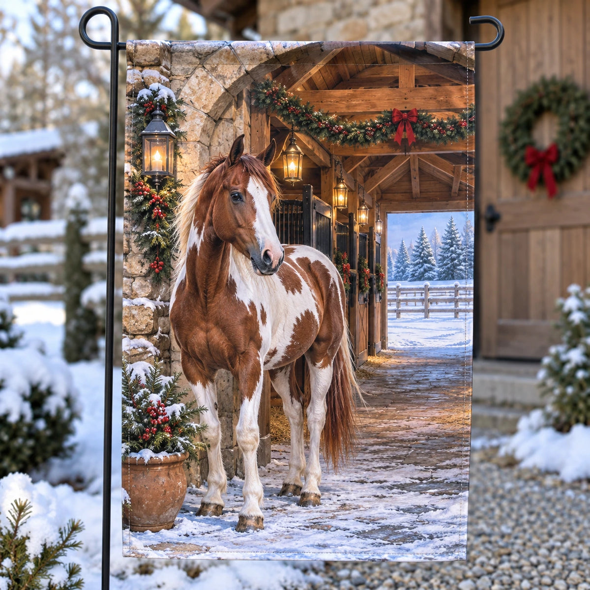 Christmas Paint Horse Stable Garden Flag with layered printed depth and niche-specific Christmas background