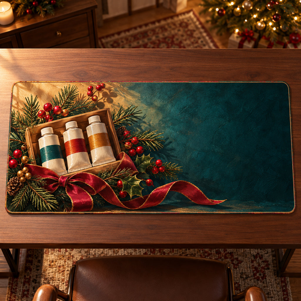 Christmas Paint Tube Rack Family Art Desk Mat flat printed mat in matching Christmas setting