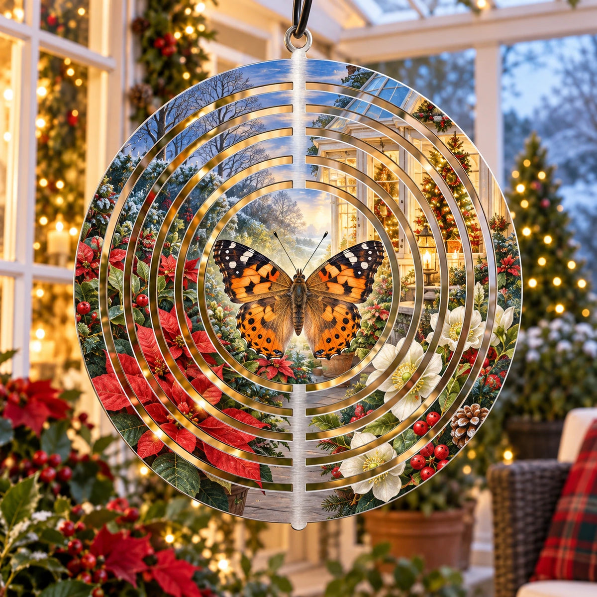 Christmas Painted Lady Butterfly Wind Spinner with layered printed depth and niche-specific Christmas background