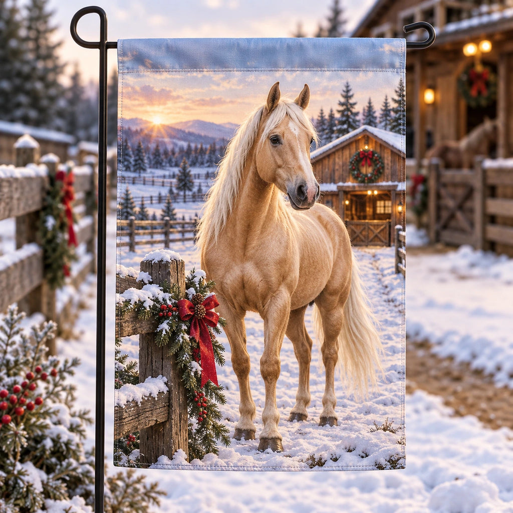 Christmas Palomino Stable Garden Flag with layered printed depth and niche-specific Christmas background
