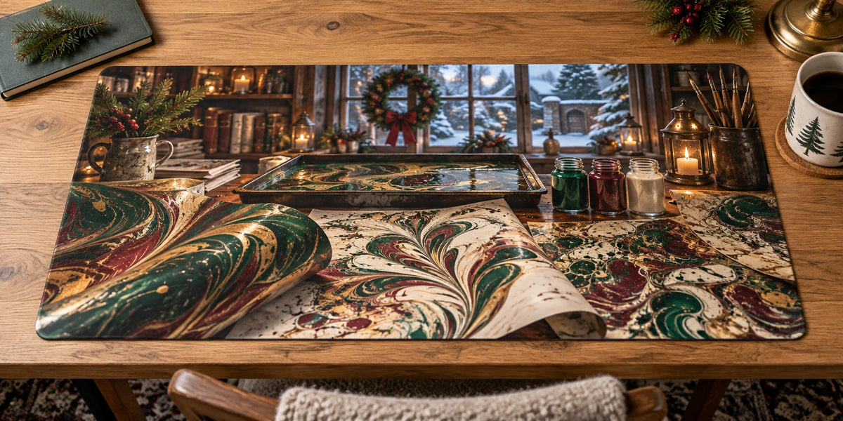 Christmas Paper Marbling Desk Mat with layered printed depth and niche-specific Christmas background