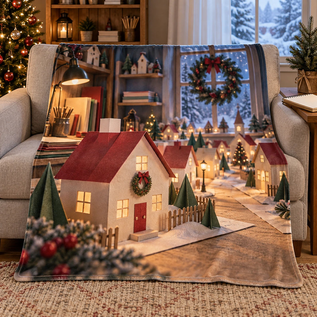 Christmas Paper Village Fleece Throw Blanket with layered printed depth and niche-specific Christmas background