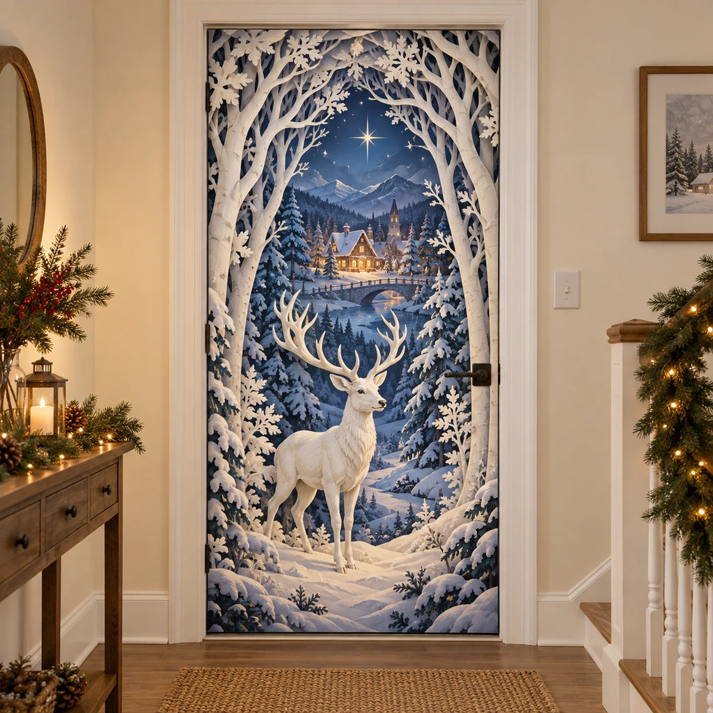 Christmas Papercut Forest Fabric Door Cover with layered printed depth and niche-specific Christmas background