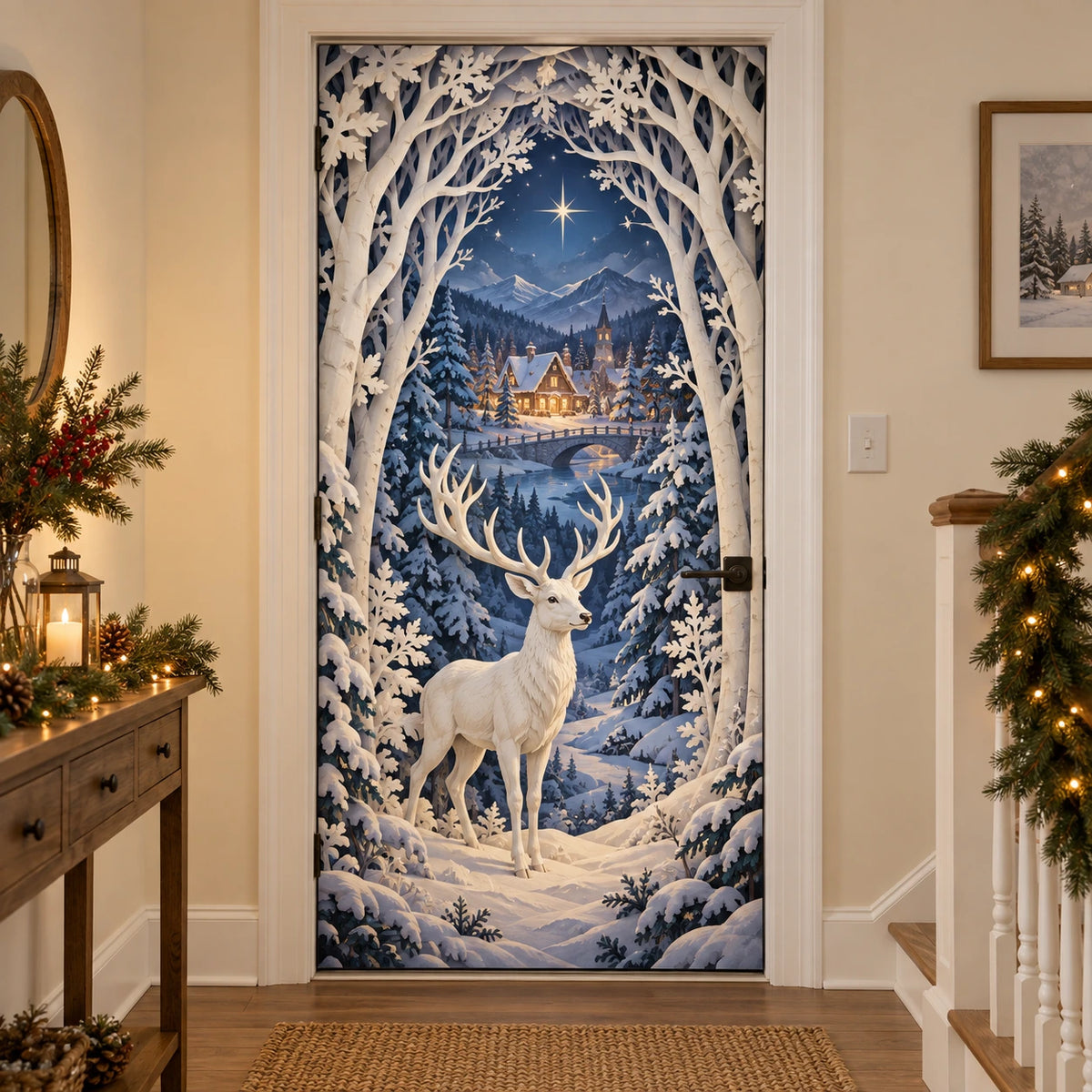 Christmas Papercut Forest Fabric Door Cover with layered printed depth and niche-specific Christmas background