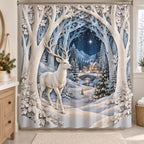 Christmas Papercut Forest Shower Curtain with layered printed depth and niche-specific Christmas background