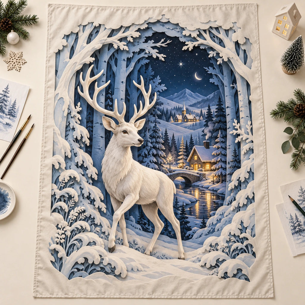 Christmas Papercut Forest Wall Tapestry with layered printed depth and niche-specific Christmas background