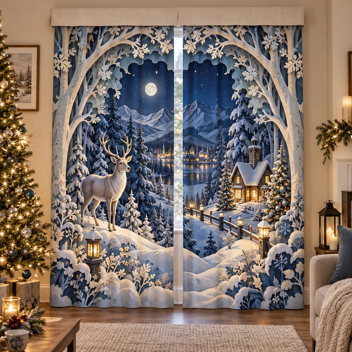 Christmas Papercut Forest Window Curtain Pair with layered printed depth and niche-specific Christmas background