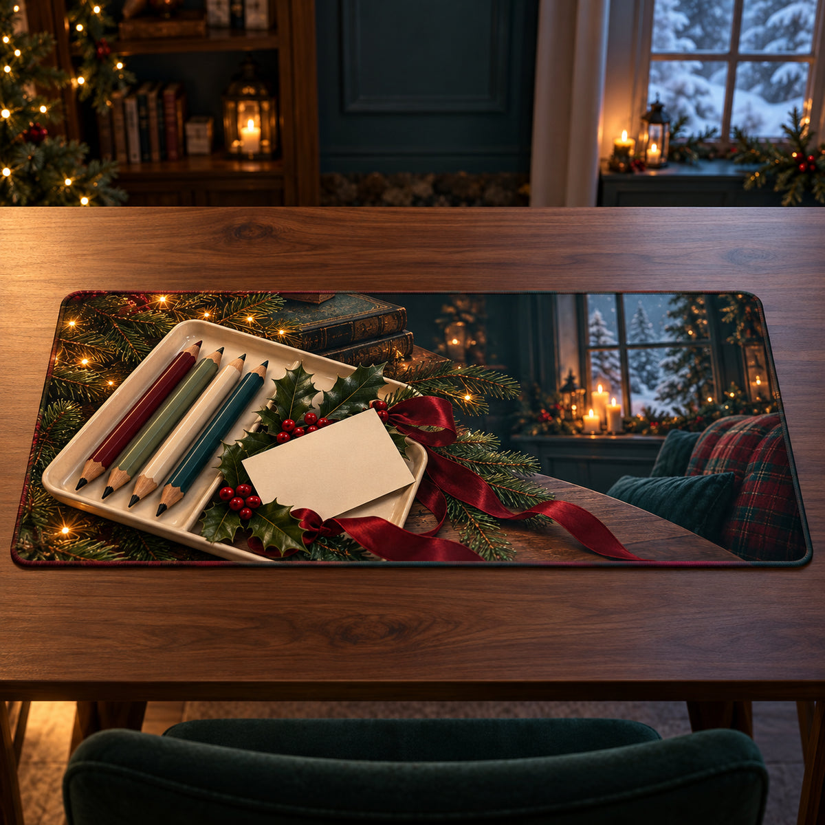 Christmas Pencil Tray Family Art Desk Mat flat printed mat in matching Christmas setting