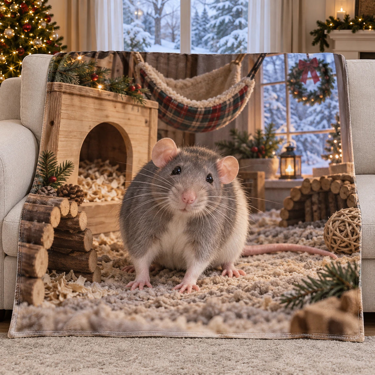 Christmas Pet Rat Fleece Throw Blanket with layered printed depth and niche-specific Christmas background