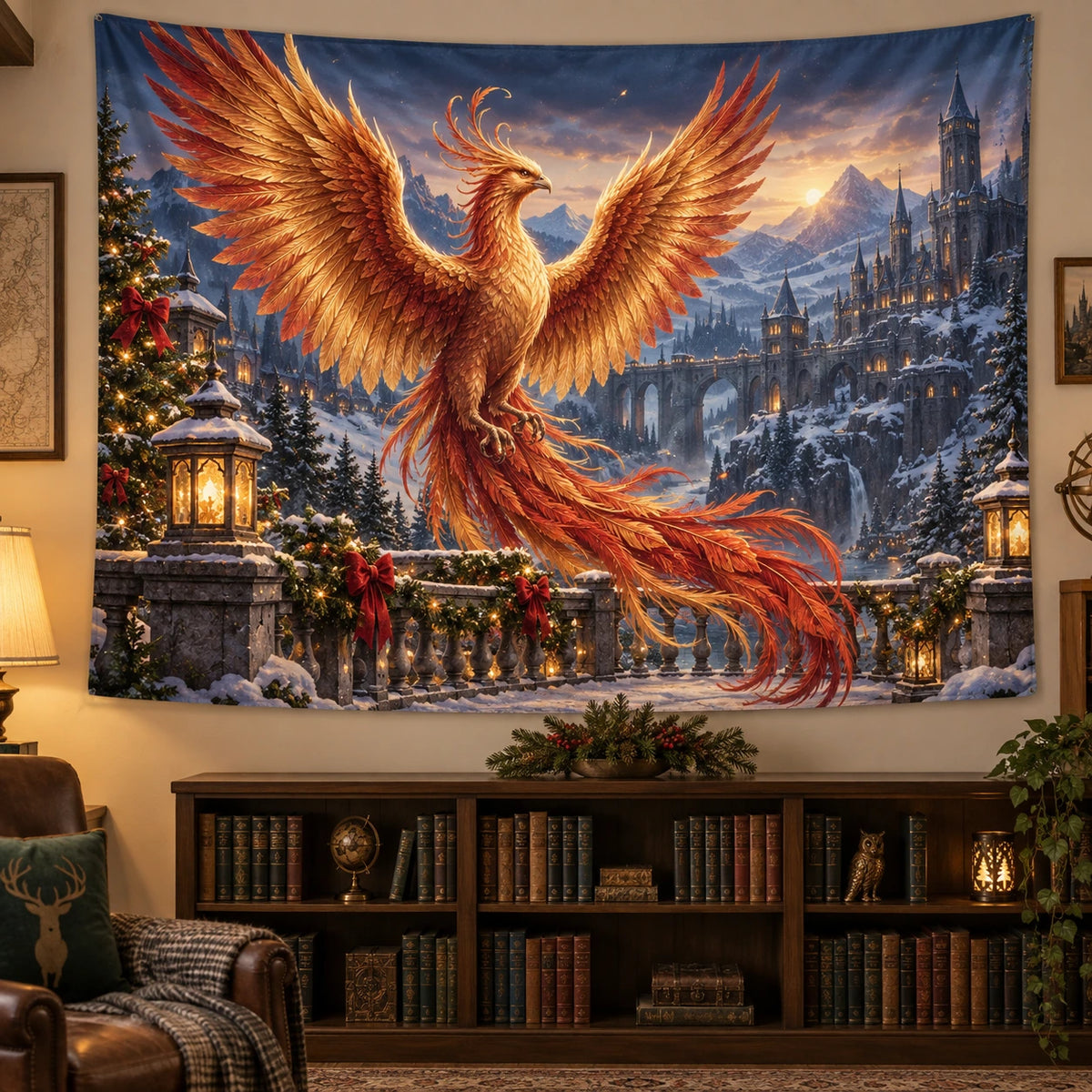 Christmas Phoenix Wall Tapestry with layered printed depth and niche-specific Christmas background
