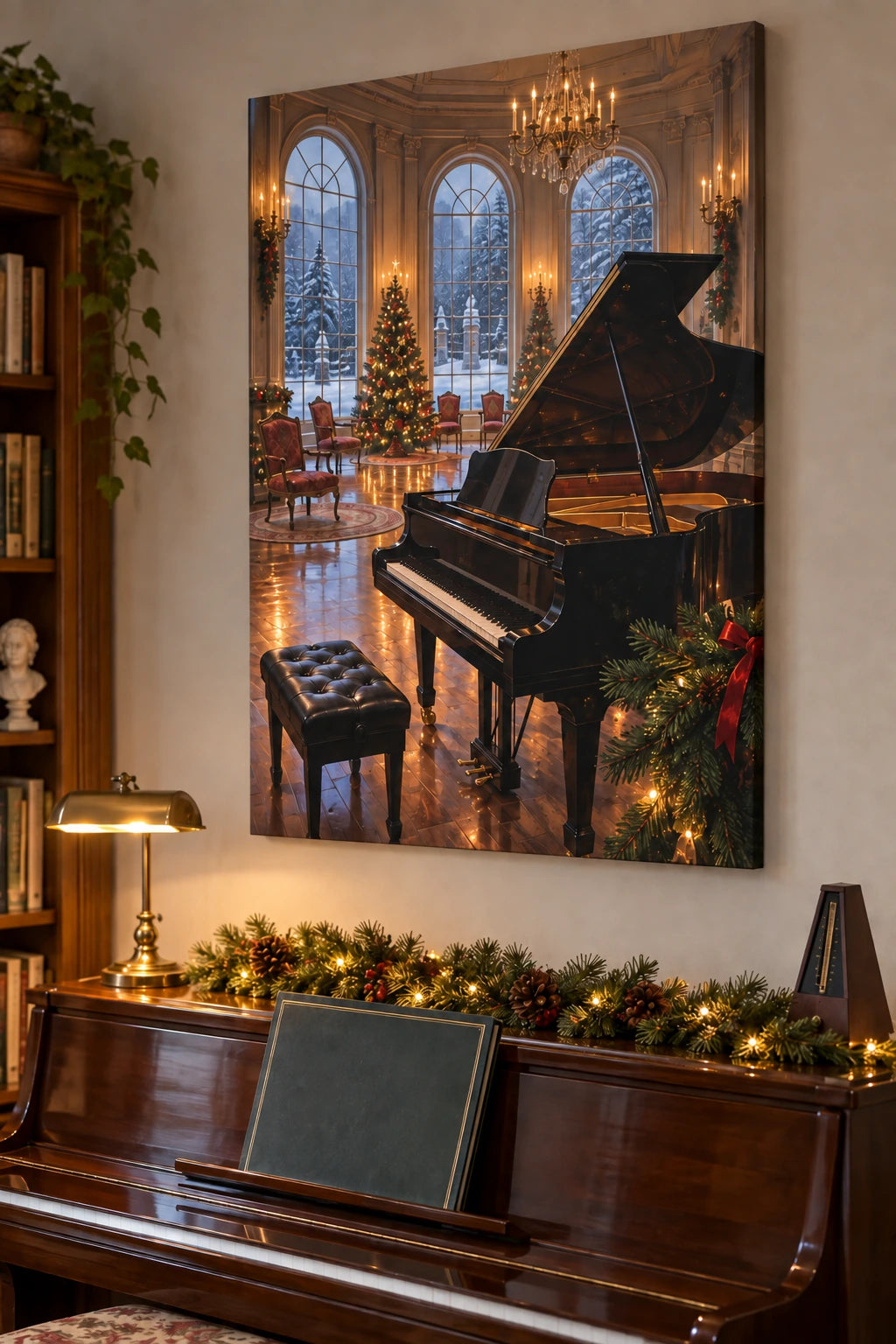 Christmas Piano Stretched Canvas Wall Art with layered printed depth and niche-specific Christmas background